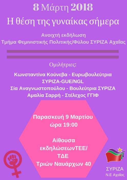 Εκδήλωση του Τμήματος Φεμινιστικής Πολιτικής / Φύλου του ΣΥΡΙΖΑ Αχαΐας με θέμα: «8 Μάρτη 2018-  Η θέση της γυναίκας σήμερα»